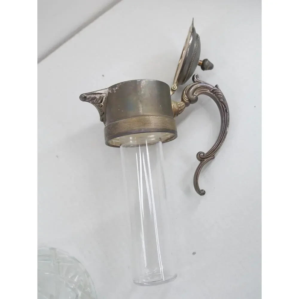 Vintage Glass Claret Carafe Pitcher Ewer Diamond Cut Silver Plate Lid Handle 14